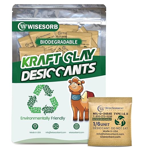 6G x 60 Pack Kraft Clay Desiccants Packs, Food Safe Bentonite Clay Desiccant by Wisesorb