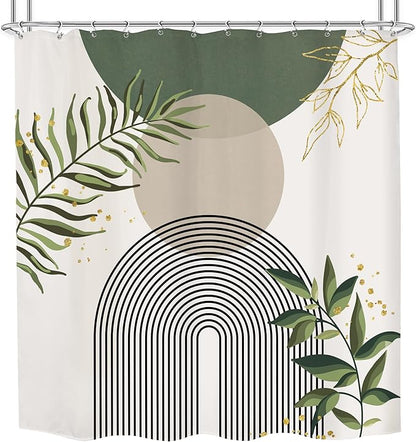 Green Boho Mid Century Shower Curtain 72Wx72H Abstract Gold Leaves Grey Modern - Image 2