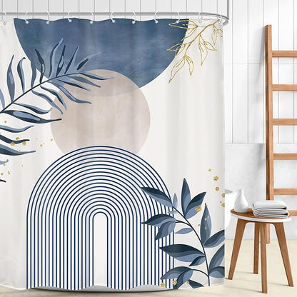 Navy Blue Boho Shower Curtain 72Wx78H Grey Modern Bohemian Abstract Leaves - Image 2