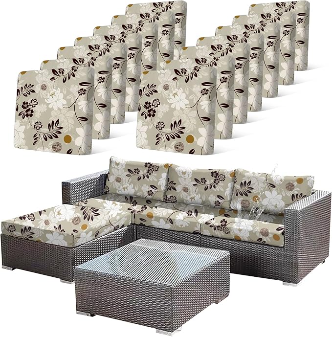 14 Pcs Waterproof Patio Cushion Covers, Floral Printed Stretch Outdoor Sofa by CALBODE