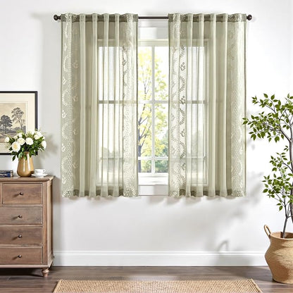 jinchan Belrose Sage Green Floral Sheer Curtains - Image 2