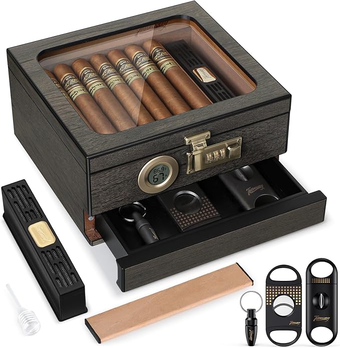 Cigar Humidor, Cedar Wood Humidor Cigar Box, Glass Top Desktop Humidor by Tesonway