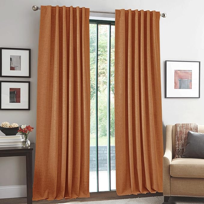 RYB HOME Burnt Orange Total Blackout Curtains Linen Texture, Rustic Fall - Image 2
