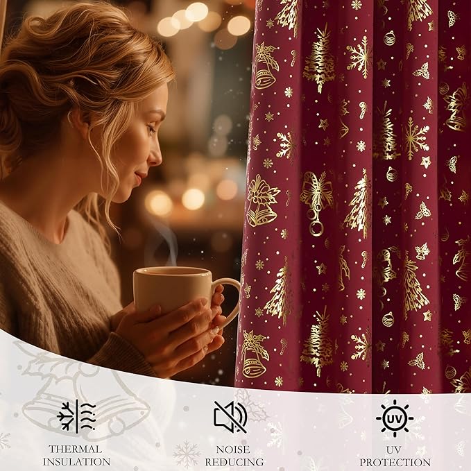 NICETOWN 2 Panels Red Christmas Curtains W42 x L63 in, Rod Pocket Gold Stamping - Image 6
