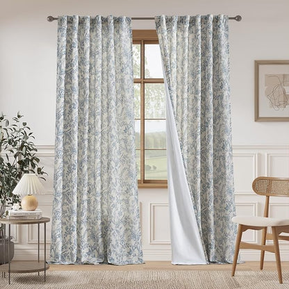 Vangao Lined Linen Curtains for Bedroom Floral Curtains 96 Inches Long Blue - Image 2