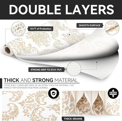 RAY STAR Shelf Liner, Non Adhesive Golden Damask Floral Cabinet Liner - Image 7