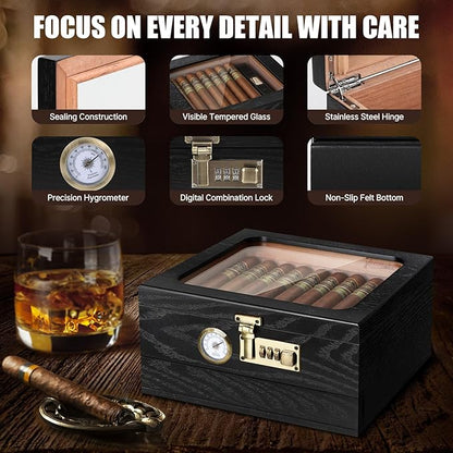 Cigar Humidor, Cedar Wood Humidor Cigar Box, Glass Top Desktop Humidor - Image 6