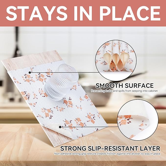 RAY STAR Shelf Liner, Non Adhesive Pink Orange Floral Printed Kitchen Cabinet - Image 3