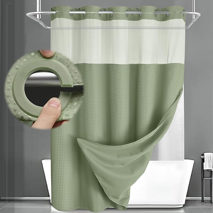 No Hook Shower Curtain and Liner Set, Sage Green Hotel Waffle Shower Curtain by Unknown