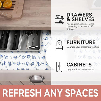 RAY STAR Shelf Liner, Non Adhesive Blue Floral Printed Kitchen Cabinet Liner - Image 6