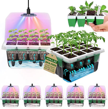 Seed Starter Tray with Grow Light, 5 Pack 60 Cells Seedling Tray Kit Reusable & by MYMULIKEHOME