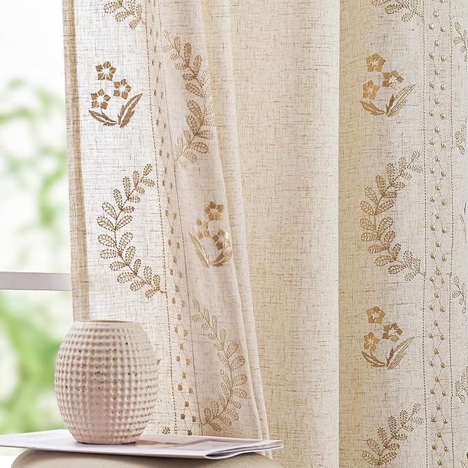 jinchan Belrose Linen Curtains for Bedroom Floral Curtains 72 Inch Length Linen by JINCHAN