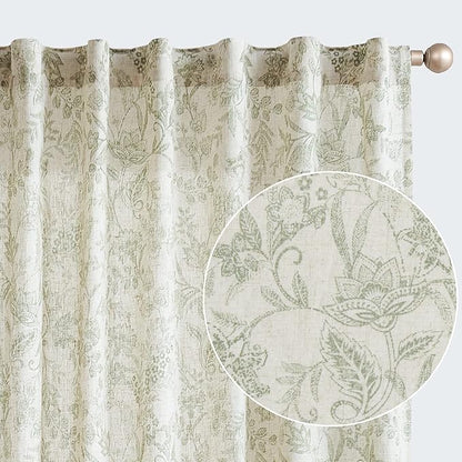 Vangao Green Floral Linen Blend Curtains by Vangao