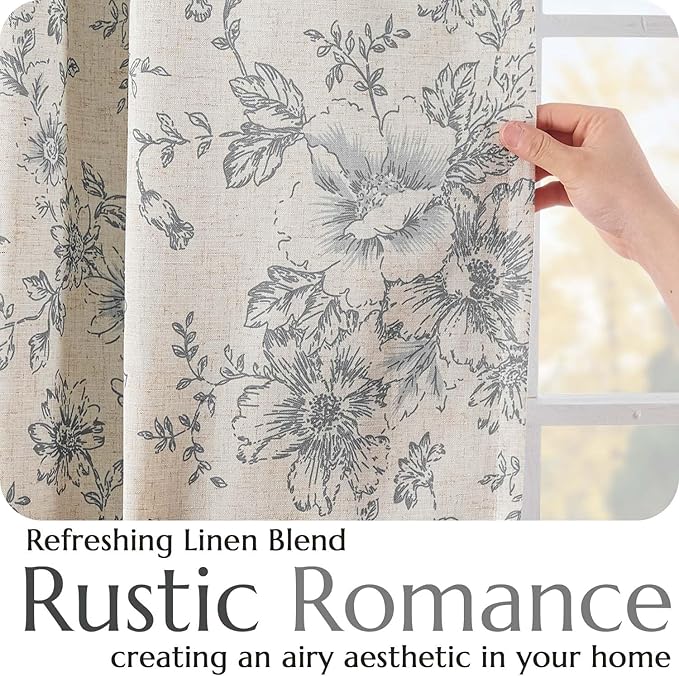 jinchan Blackout Linen Blend Curtain Grey Floral Blackout Curtains - Image 5