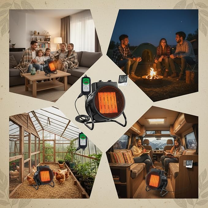 Greenhouse Heater with Thermostat & Hygrometer, 1500W/750W/24W Plant Heater Fan - Image 5