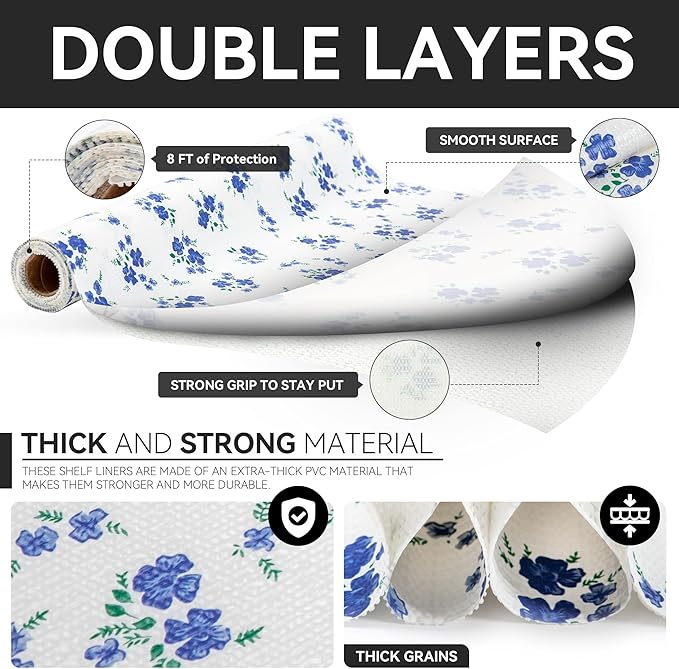 RAY STAR Shelf Liner, Non Adhesive Blue Floral Printed Kitchen Cabinet Liner - Image 7