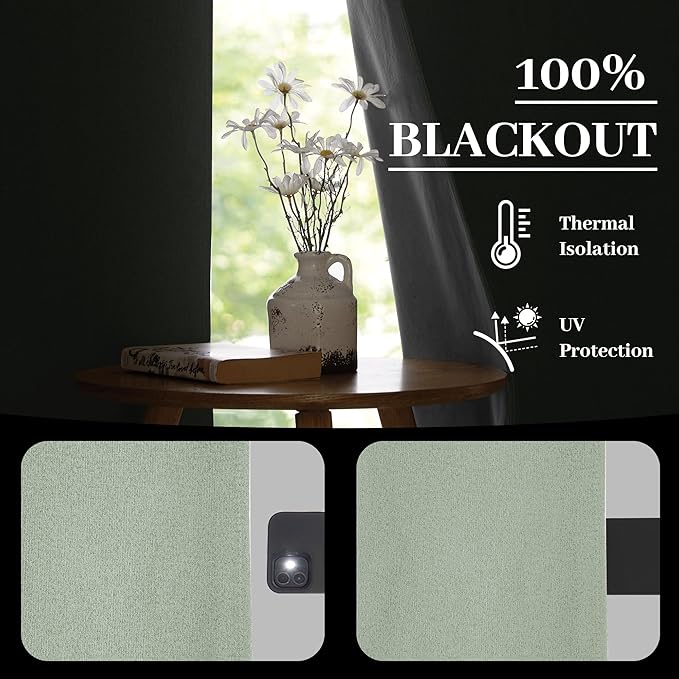 RYB HOME Light Green Curtains 100% Blackout, Linen Window Treatment Panels - Image 3