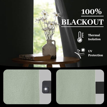 RYB HOME Light Green Curtains 100% Blackout, Linen Window Treatment Panels - Image 3