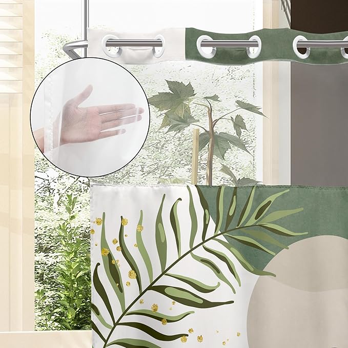 Sage Green Boho No Hooks Shower Curtain - Image 4