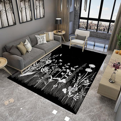 Shag Carpet Black and White Field Flower Pattern Drawing Foldable Area Rugs - Image 4