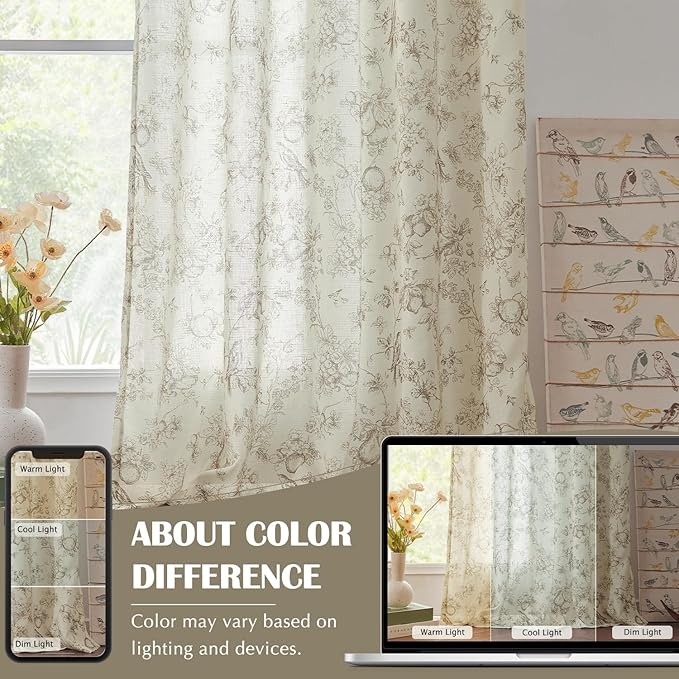 jinchan Linen Floral Curtains for Living Room 63 Inch Length Taupe Printed - Image 5