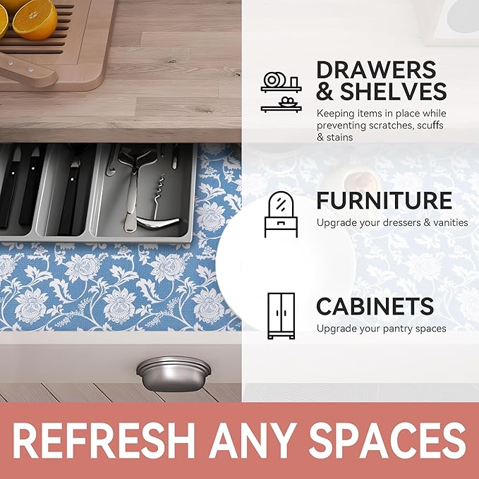 RAY STAR Shelf Liner, 12 Inch x 10 Feet Non Adhesive Floral Kitchen Cabinet - Image 6