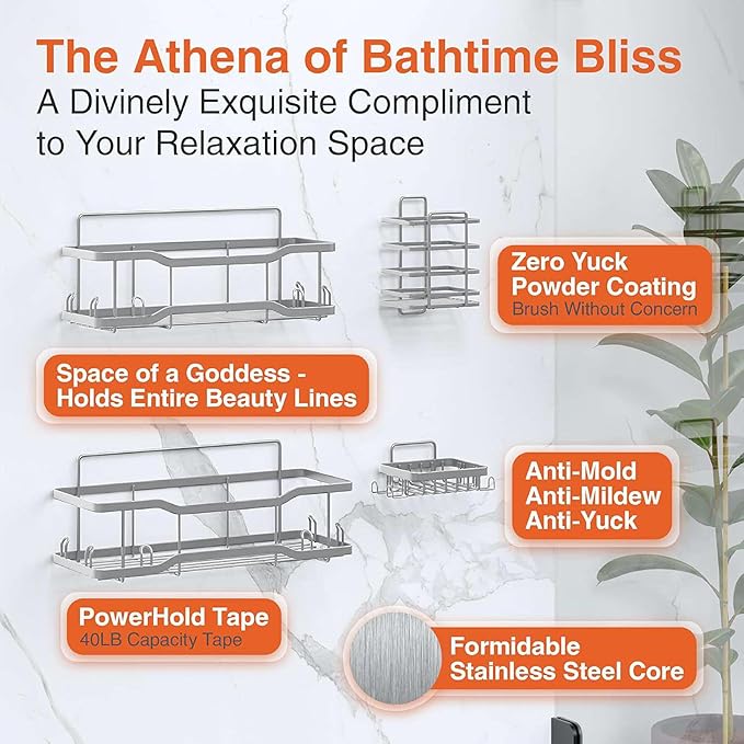 Shower Caddy Bathroom Shelves, The Athena Silken 4 Set, 40LB Capacity, Adhesive - Image 7