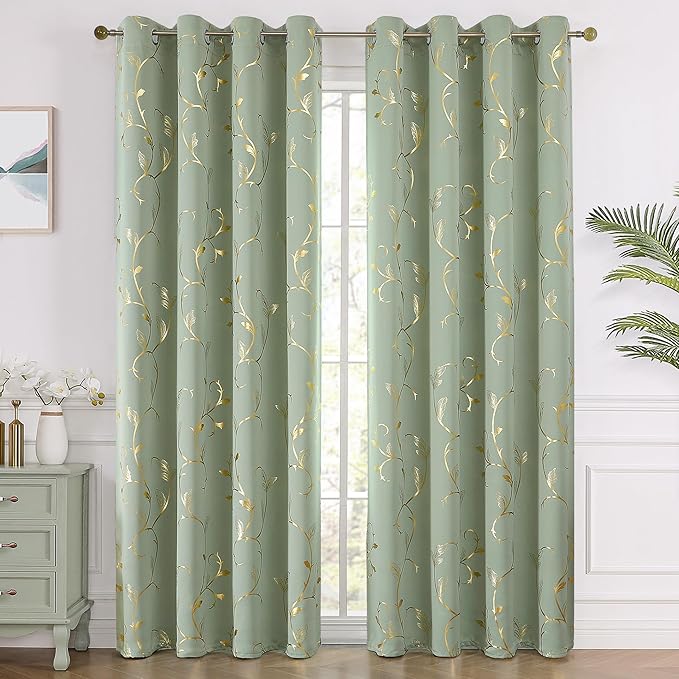 BUHUA Blackout Curtains Gold Foil Print Flower Vine Grommet Drapes, Room - Image 2