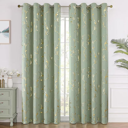 BUHUA Blackout Curtains Gold Foil Print Flower Vine Grommet Drapes, Room - Image 2