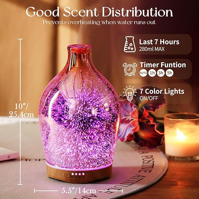 Porseme 280ml Essential Oil Diffuser 3D Glass Aromatherapy Ultrasonic Humidifier - Image 3