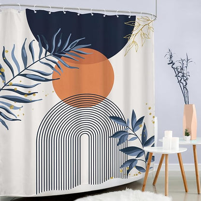 Navy Blue Boho Shower Curtain 60Wx72H Modern Abstract Bohemian Blue Gold Leaves - Image 3
