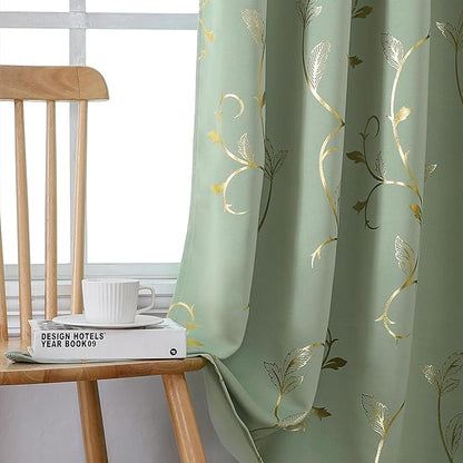 BUHUA Blackout Curtains Gold Foil Print Flower Vine Grommet Drapes, Room - Image 4