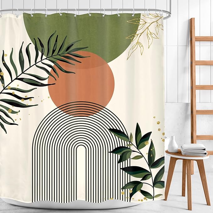 Green Boho Shower Curtain 60Wx72H Abstract Bohemian Modern Leaves Mid Century - Image 2