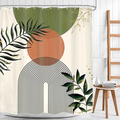 Green Boho Shower Curtain 60Wx72H Abstract Bohemian Modern Leaves Mid Century - Image 2