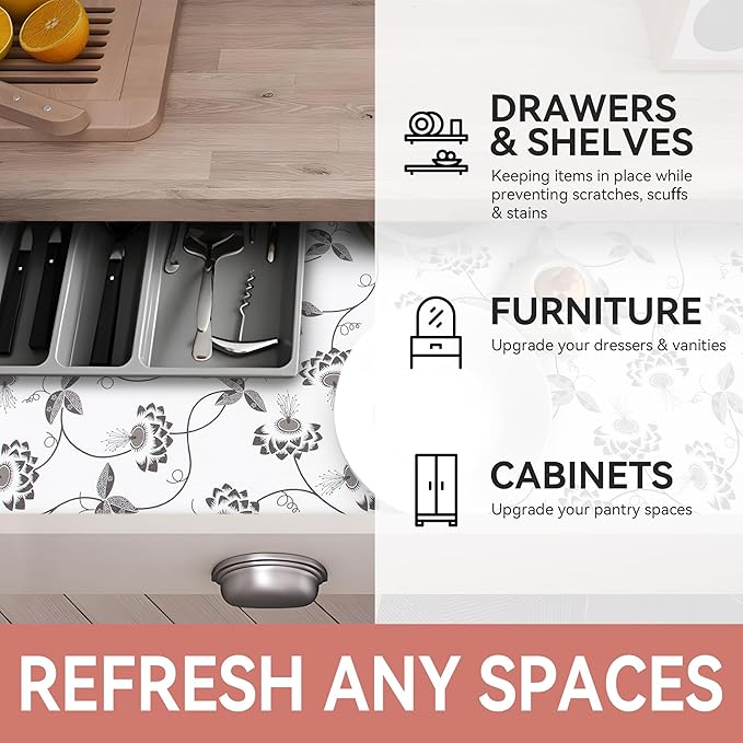 RAY STAR Shelf Liner, Non Adhesive Black Leaves Floral Cabinet Liner - Image 7