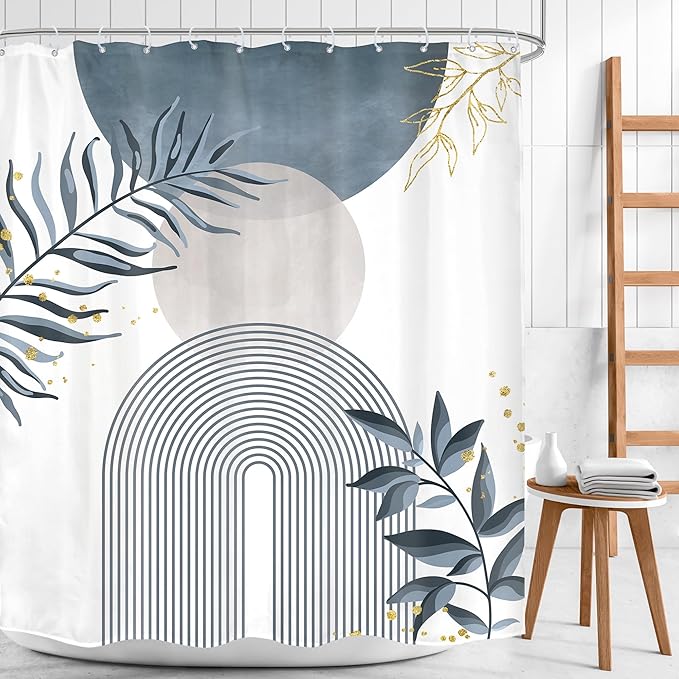 Blue Gray Boho Shower Curtain 60Wx72H Abstract Grey Bohemian Modern Leaves Mid - Image 2