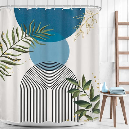 Blue Boho Modern Shower Curtain Mid Century Abstract Gold Green Leaves Sun Arch - Image 2