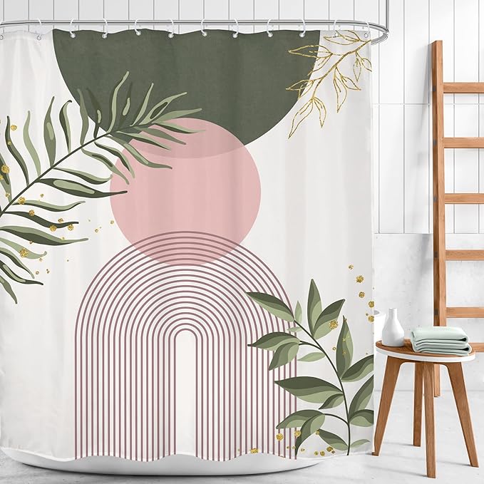 Pink Sage Green Boho Shower Curtain 60Wx72H Mid Century Modern Abstract Gold - Image 2