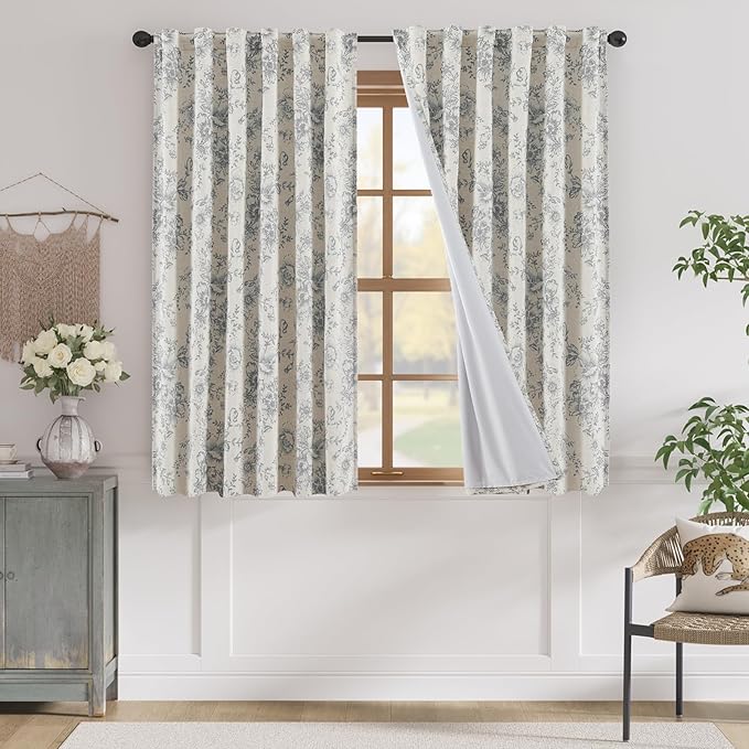 jinchan Blackout Linen Blend Curtain Grey Floral Blackout Curtains by JINCHAN