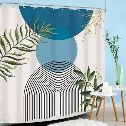 Blue Boho Modern Shower Curtain 72Wx72H Mid Century Abstract Gold Green Leaves - Image 3