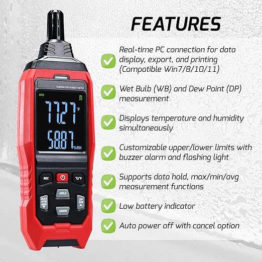 Humidity and Temperature Meter Data Logger Digital Psychrometer HVAC, Wet Bulb - Image 3