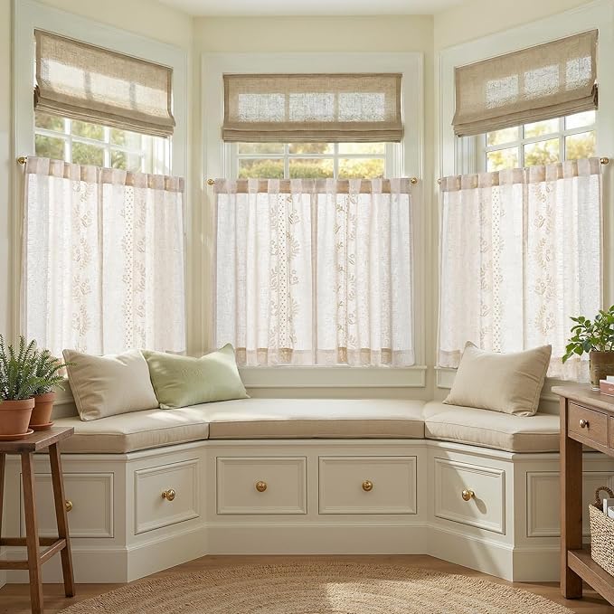 jinchan Belrose Linen Floral Kitchen Curtains 36 inch Length Embroidered - Image 2