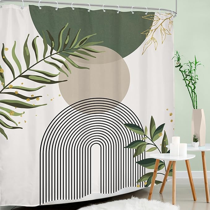 Sage Green Boho Shower Curtain 72Wx78H Modern Abstract Green Gold Leaves - Image 3