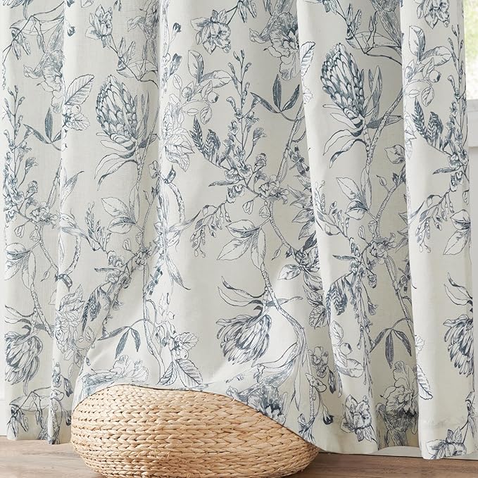 jinchan Floral Curtains 84 Inches Long Blue Flower Linen Farmhouse Curtain - Image 6