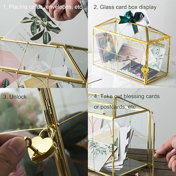 Glass Wedding Card Box with Slot, 12.5'' Large Clear Card Box Gold Brass Gift - Image 7