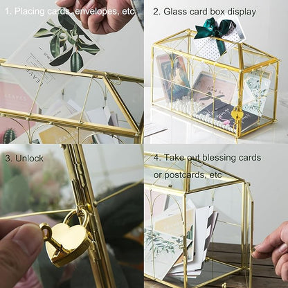 Glass Wedding Card Box with Slot, 12.5'' Large Clear Card Box Gold Brass Gift - Image 7