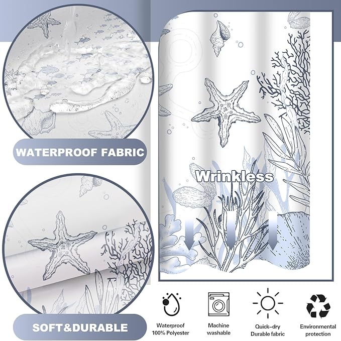 No Hook Shower Curtain with Snap in Liner, Beach Ocean Nautical Coastal Shower - Image 3