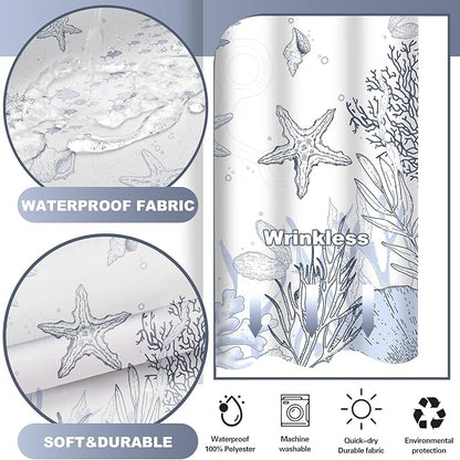 No Hook Shower Curtain with Snap in Liner, Beach Ocean Nautical Coastal Shower - Image 3