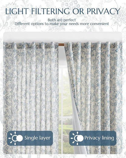 Vangao Lined Linen Curtains for Bedroom Floral Curtains 96 Inches Long Blue - Image 7