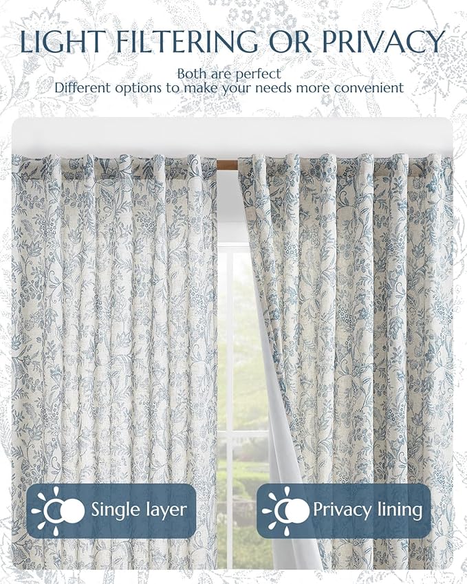 Vangao Lined Linen Curtains for Bedroom Floral Curtains 84 Inches Long Blue - Image 7